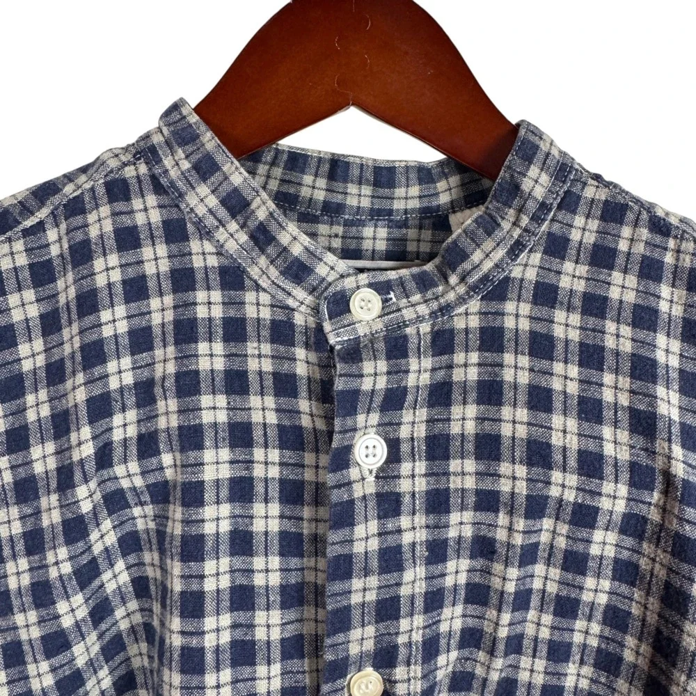 Vintage Cool Blues Mens Size Large Gingham Plaid‎ Shirt Linen Blend Casual Top